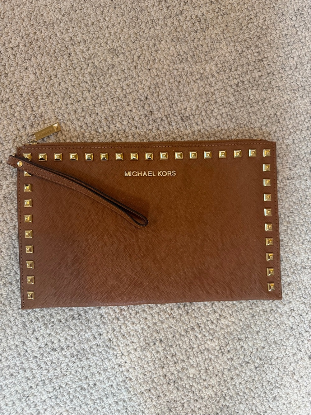 Michael Kors Tan Leather Wristlet with Gold Stud Trim - Picture 2 of 4